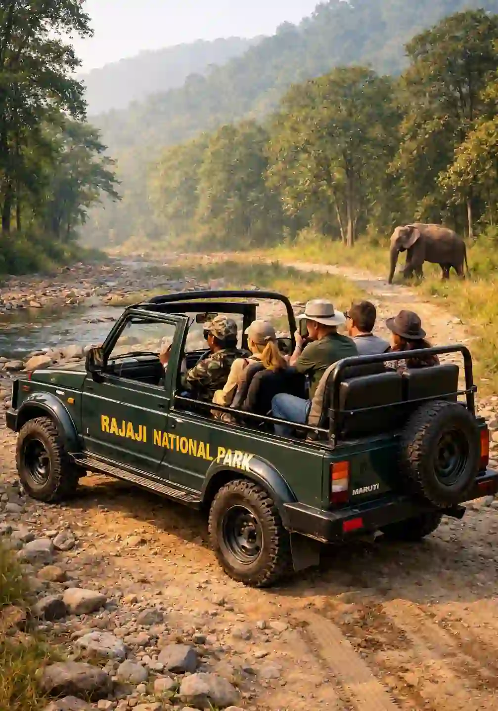 Open top Gypsy jeep safari vehicle in Rajaji National Park forest